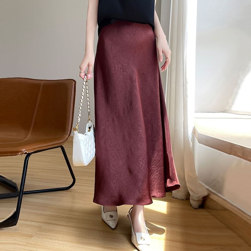 High Waist Plain Satin Midi A-Line Skirt