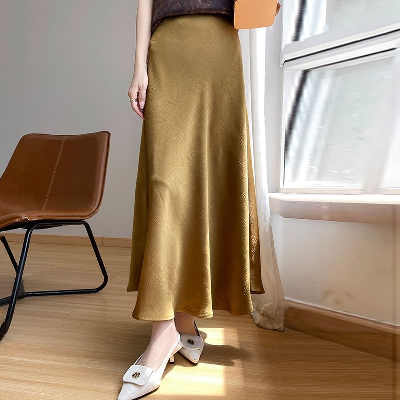High Waist Plain Satin Midi A-Line Skirt