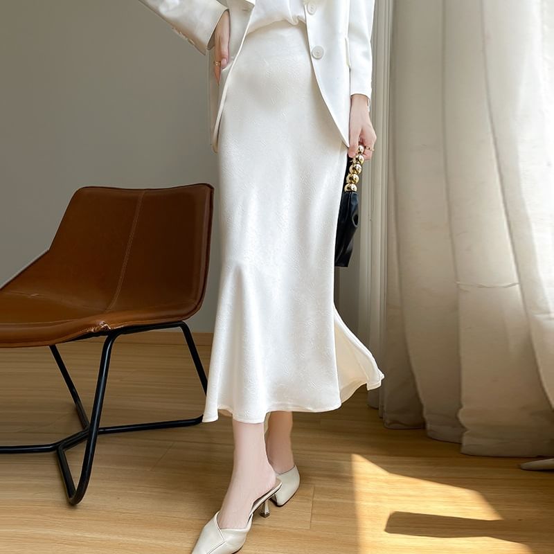 High Waist Plain Satin Midi A-Line Skirt