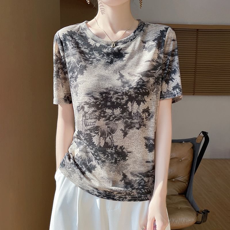 Short-Sleeve Crew Neck Patterned Tee