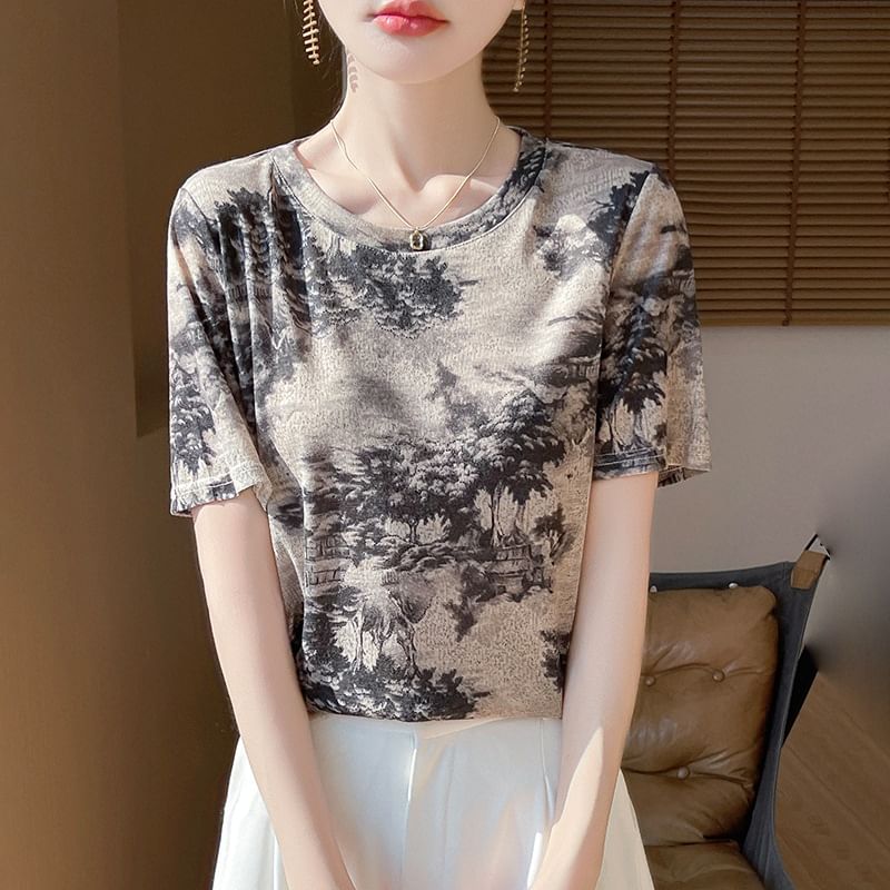 Short-Sleeve Crew Neck Patterned Tee