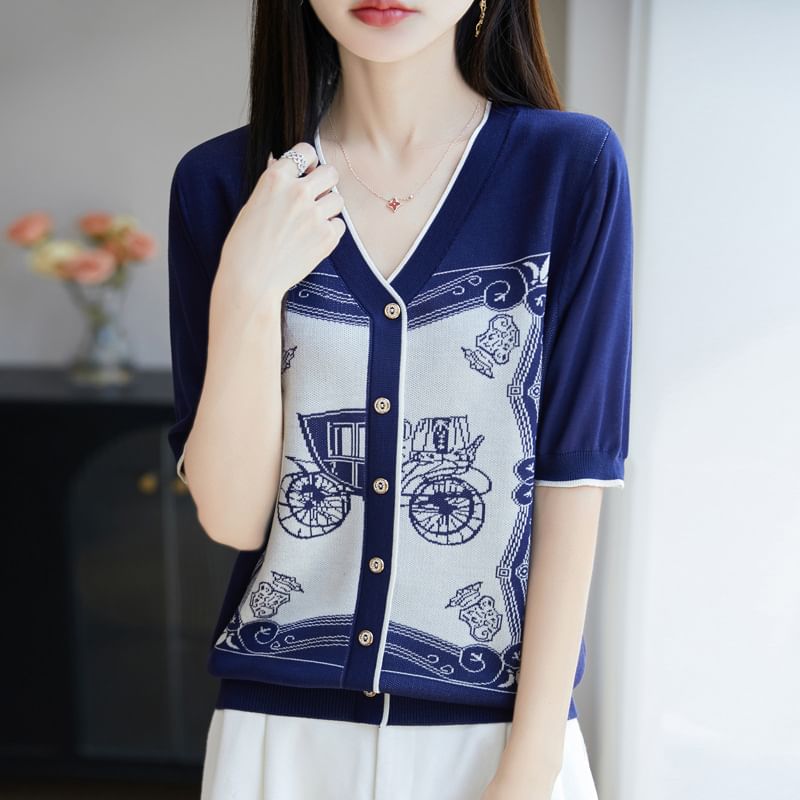 Elbow-Sleeve V-Neck Jacquard Contrast Trim Button-Up Cardigan
