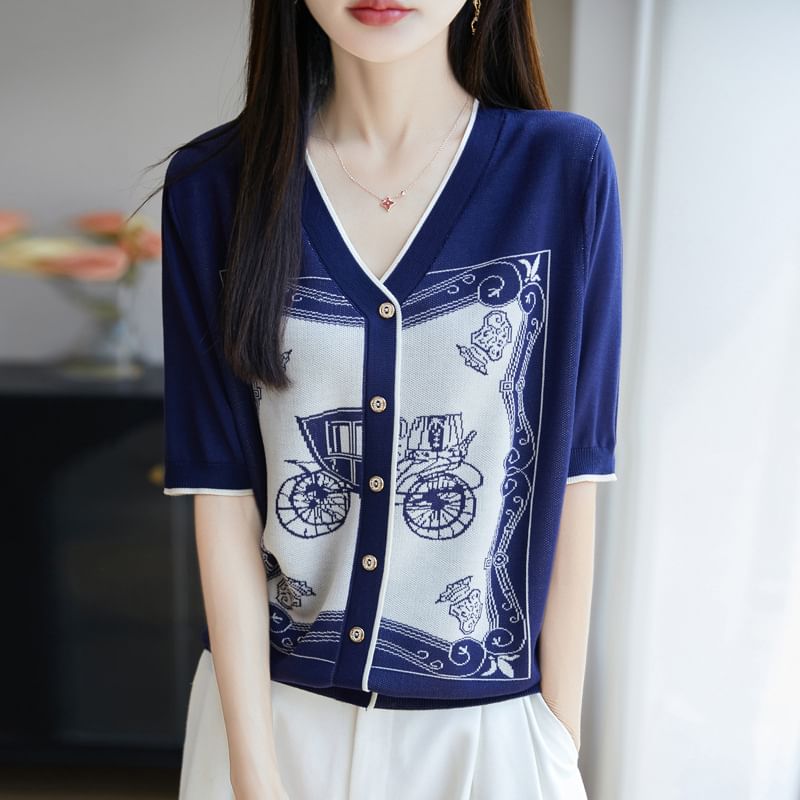 Elbow-Sleeve V-Neck Jacquard Contrast Trim Button-Up Cardigan