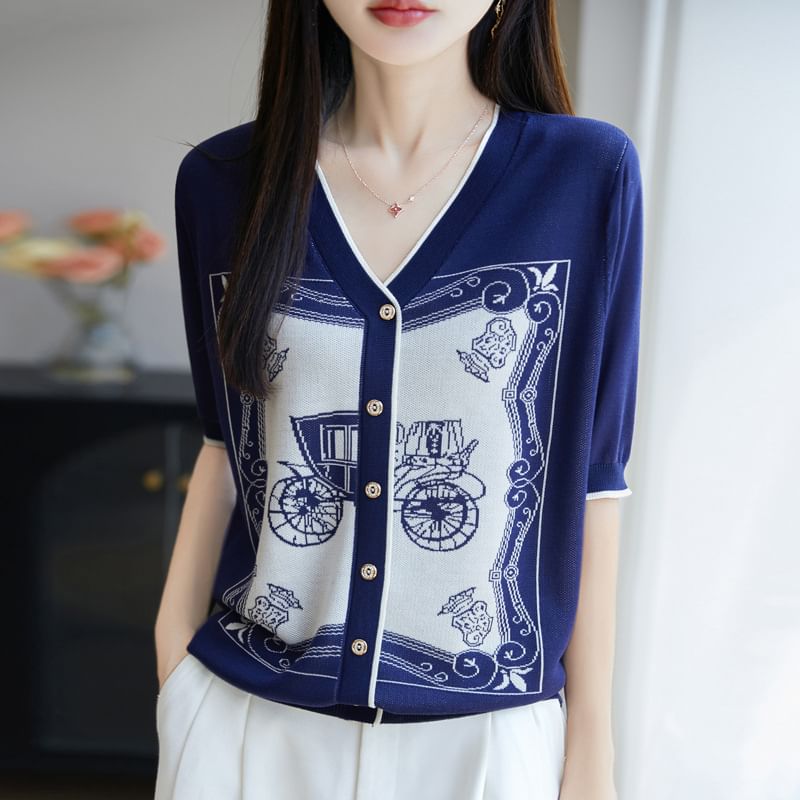 Elbow-Sleeve V-Neck Jacquard Contrast Trim Button-Up Cardigan