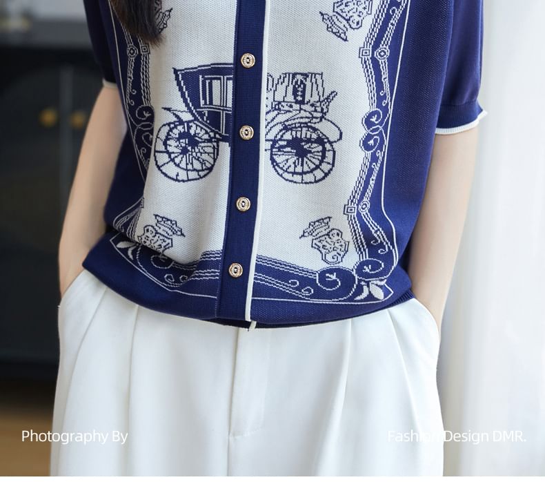 Elbow-Sleeve V-Neck Jacquard Contrast Trim Button-Up Cardigan