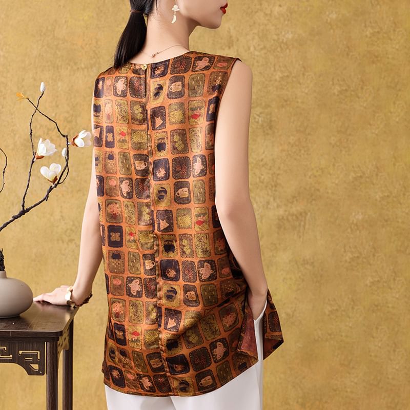 Sleeveless Round Neck Patterned Satin Tunic