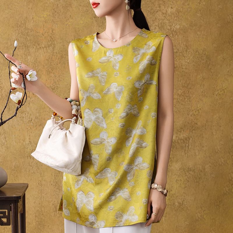 Sleeveless Round Neck Patterned Satin Tunic
