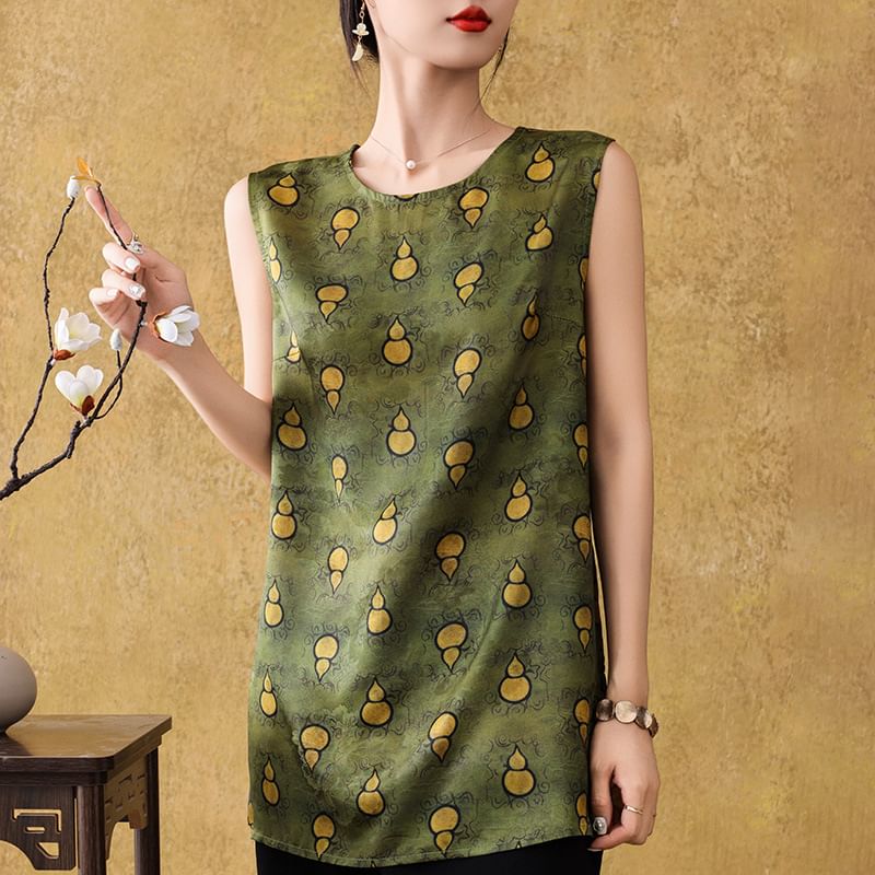 Sleeveless Round Neck Patterned Satin Tunic