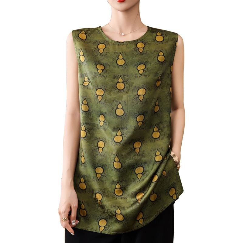 Sleeveless Round Neck Patterned Satin Tunic