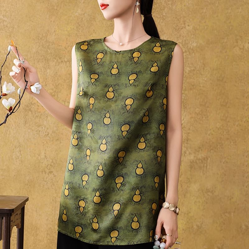 Sleeveless Round Neck Patterned Satin Tunic