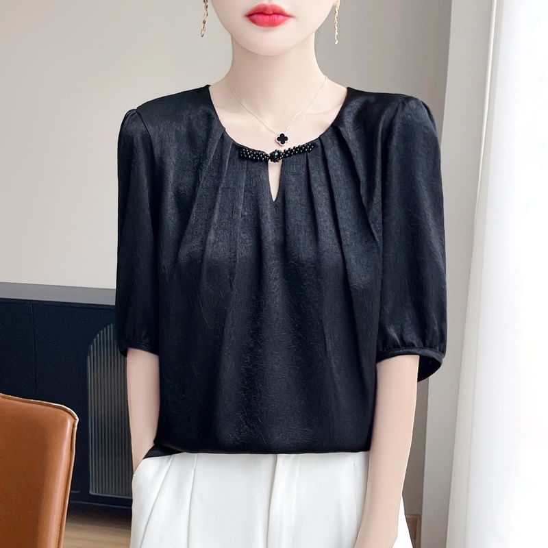 Elbow-Sleeve Crew Neck Plain Frog Buttoned Satin Blouse