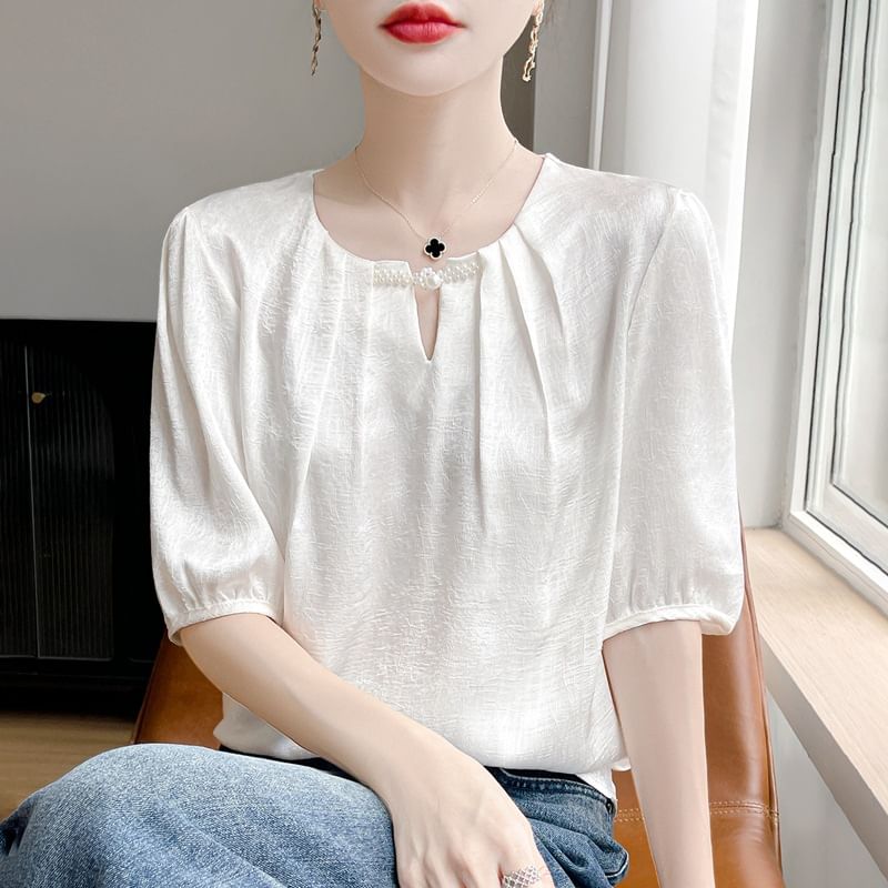 Elbow-Sleeve Crew Neck Plain Frog Buttoned Satin Blouse