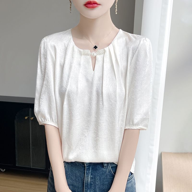 Elbow-Sleeve Crew Neck Plain Frog Buttoned Satin Blouse