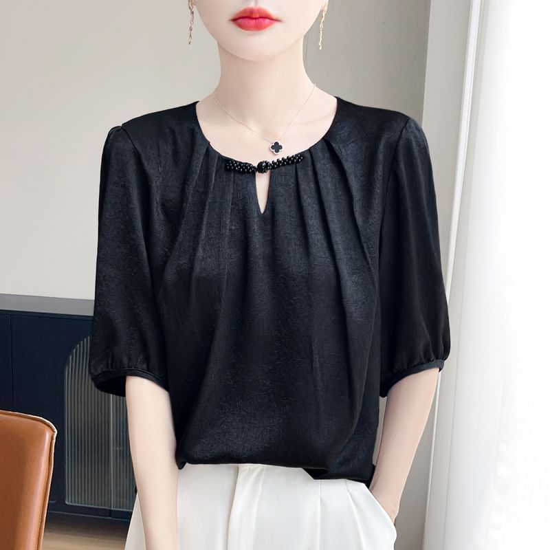 Elbow-Sleeve Crew Neck Plain Frog Buttoned Satin Blouse