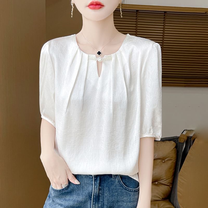 Elbow-Sleeve Crew Neck Plain Frog Buttoned Satin Blouse