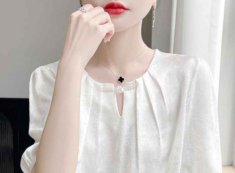 Elbow-Sleeve Crew Neck Plain Frog Buttoned Satin Blouse