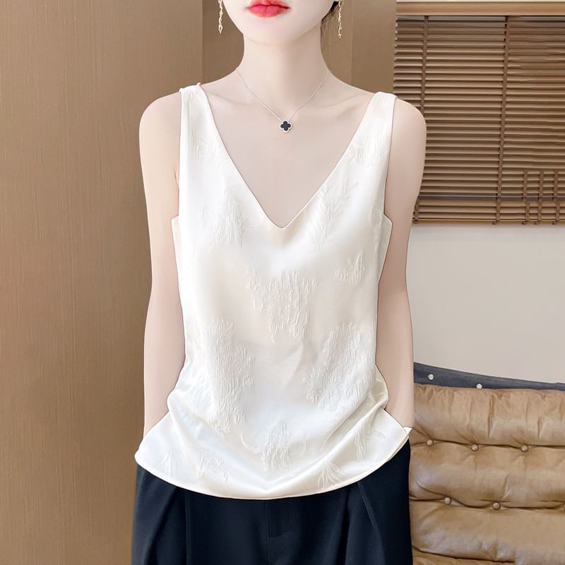 V-Neck Jacquard Satin Tank Top