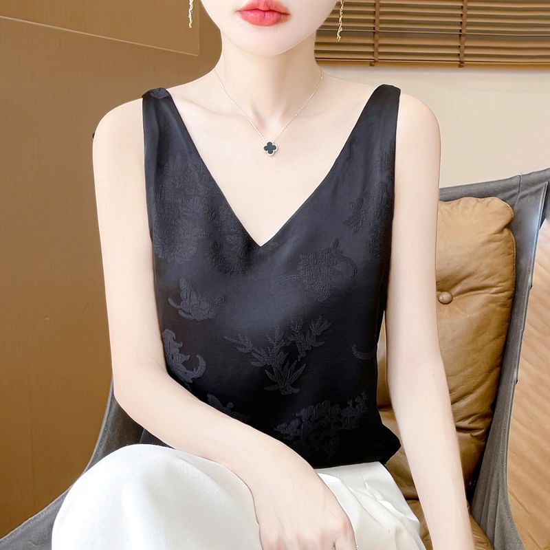 V-Neck Jacquard Satin Tank Top
