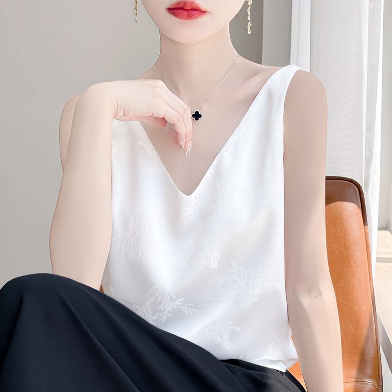 V-Neck Jacquard Satin Tank Top
