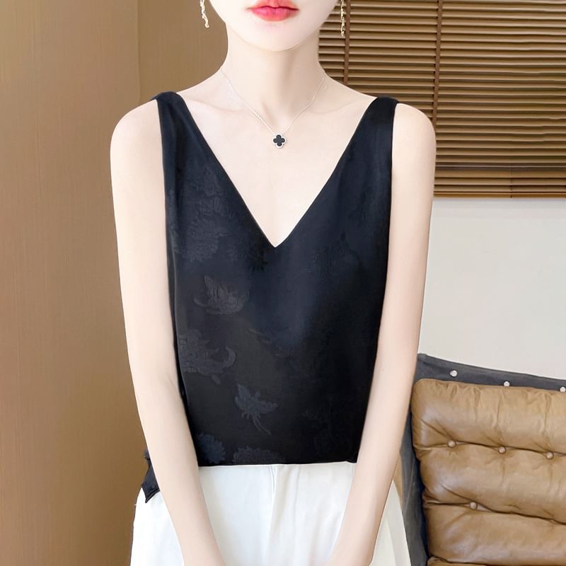 V-Neck Jacquard Satin Tank Top