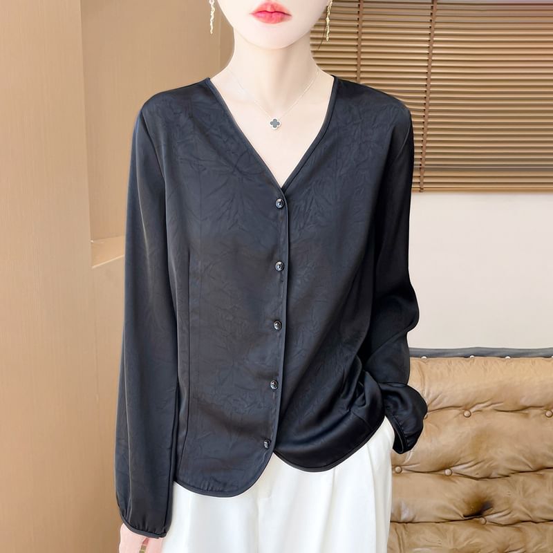 Long-Sleeve V-Neck Button-Up Plain Satin Blouse