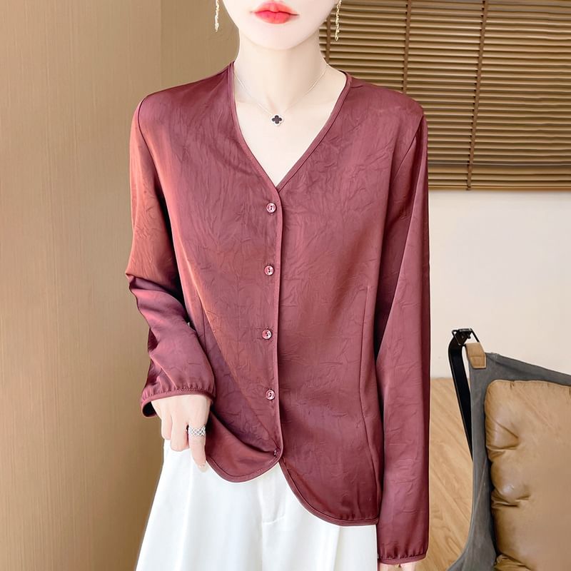 Long-Sleeve V-Neck Button-Up Plain Satin Blouse