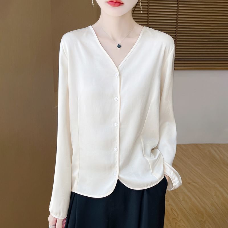 Long-Sleeve V-Neck Button-Up Plain Satin Blouse