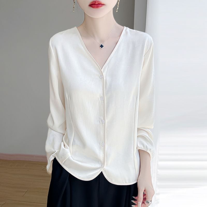 Long-Sleeve V-Neck Button-Up Plain Satin Blouse