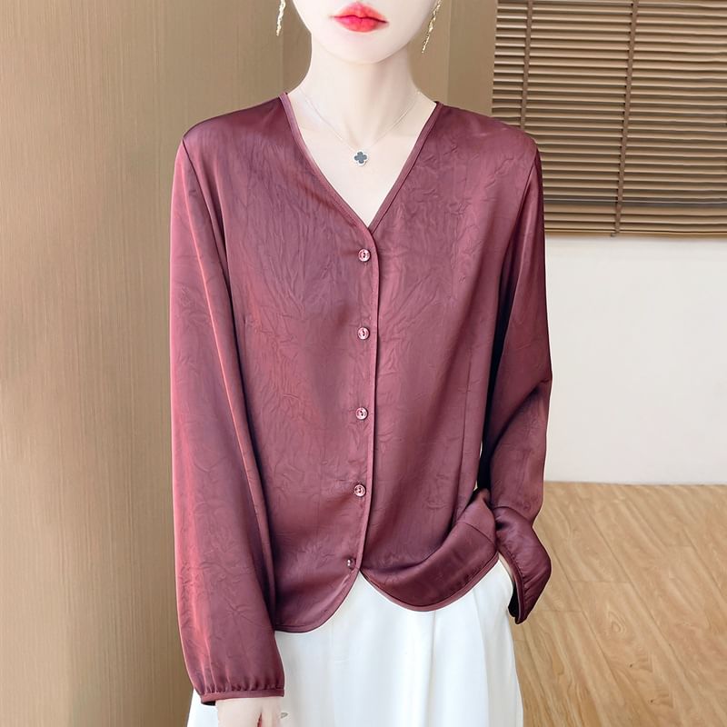 Long-Sleeve V-Neck Button-Up Plain Satin Blouse