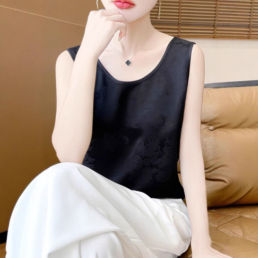 Scoop Neck Jacquard Satin Tank Top