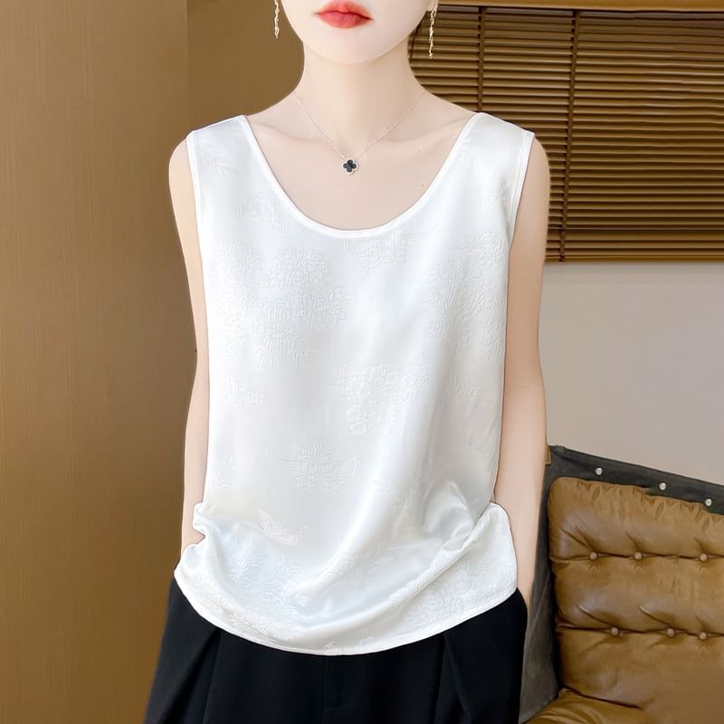 Scoop Neck Jacquard Satin Tank Top