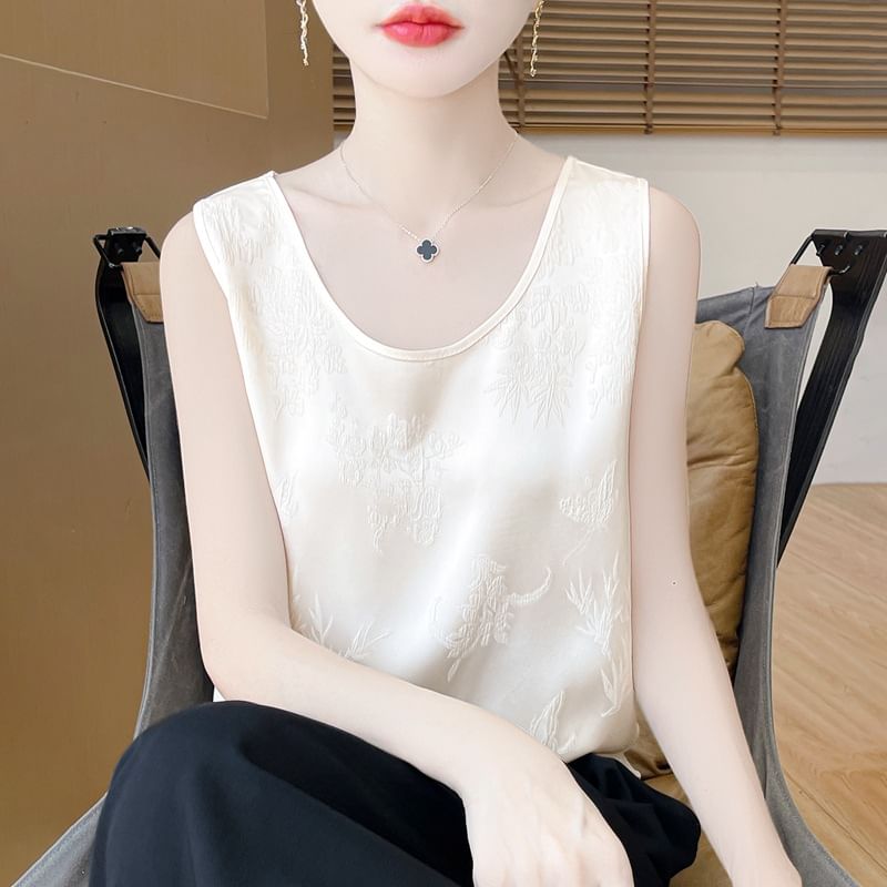 Scoop Neck Jacquard Satin Tank Top