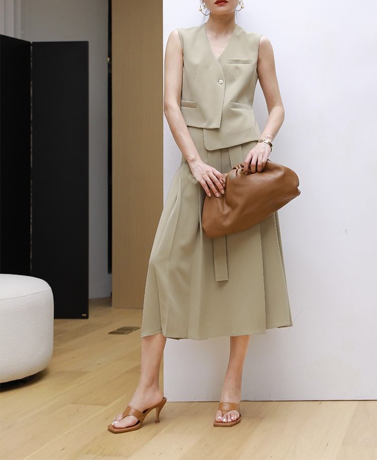 V-Neck Asymmetrical Vest / Midi A-Line Skirt