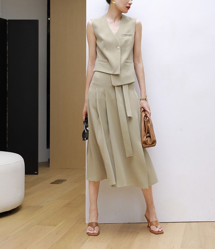 V-Neck Asymmetrical Vest / Midi A-Line Skirt