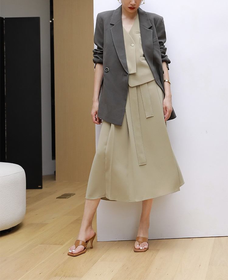 V-Neck Asymmetrical Vest / Midi A-Line Skirt