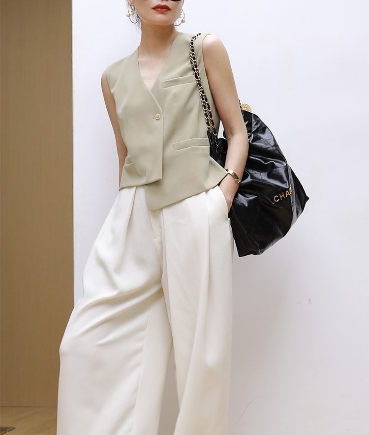 V-Neck Asymmetrical Vest / Midi A-Line Skirt