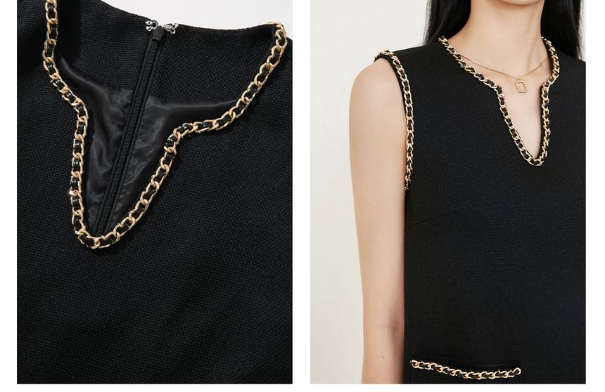 Sleeveless Notched Chained Trim Mini A-Line Dress