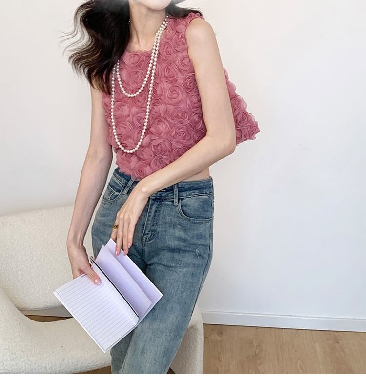 Sleeveless Crewneck Floral Accent Plain Crop Top