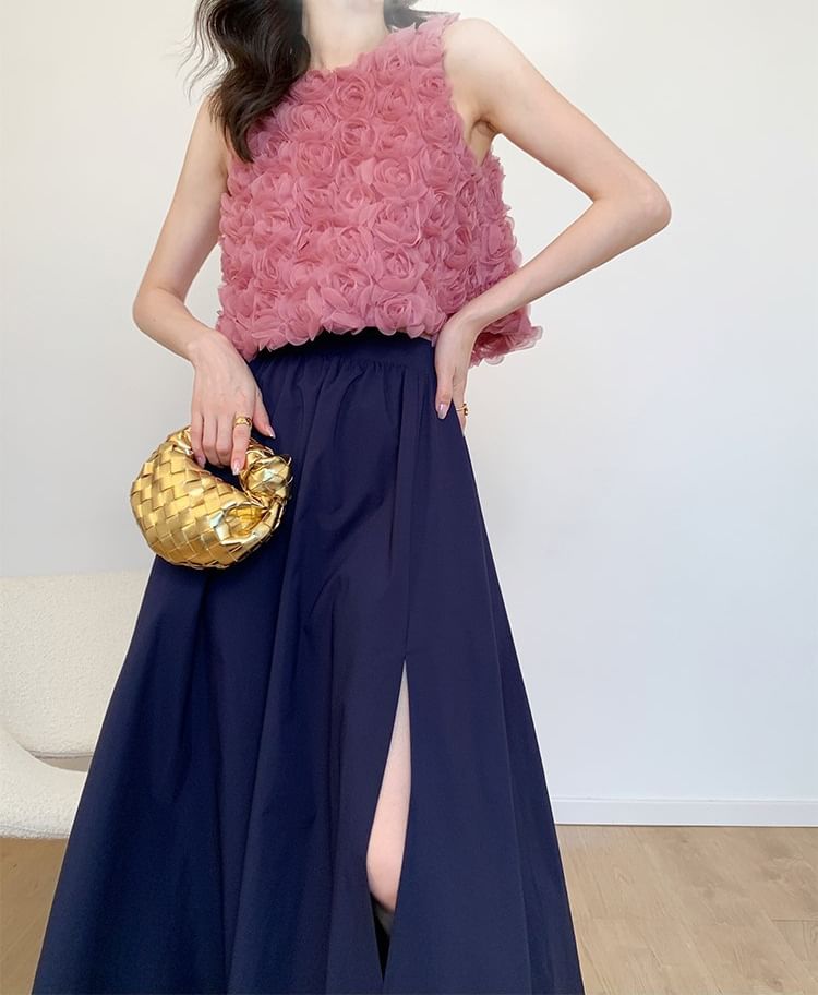 Sleeveless Crewneck Floral Accent Plain Crop Top