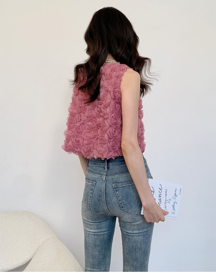 Sleeveless Crewneck Floral Accent Plain Crop Top