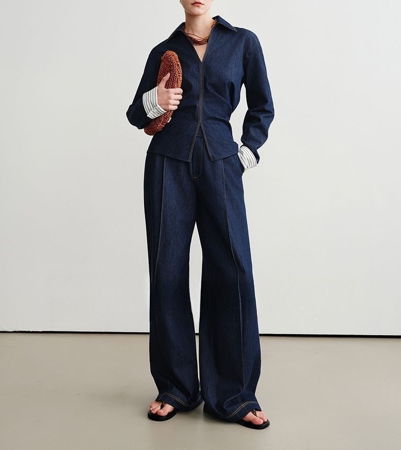 Long-Sleeve Denim Shirt / High Rise Wide Leg Jeans