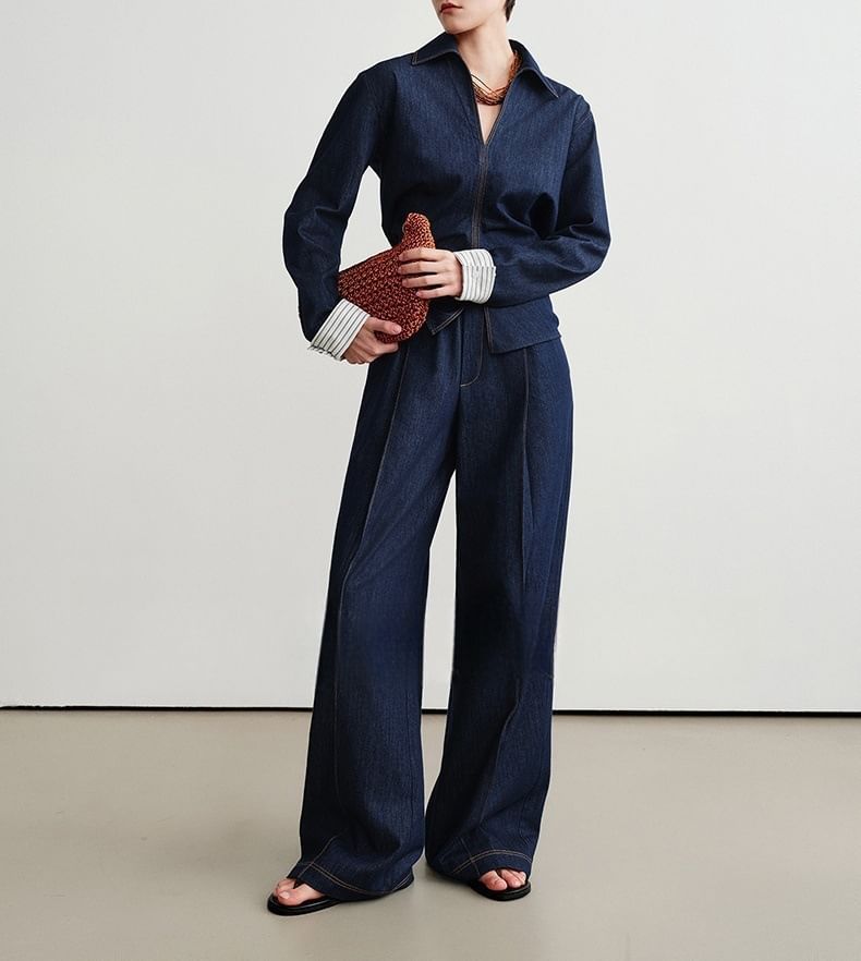 Long-Sleeve Denim Shirt / High Rise Wide Leg Jeans