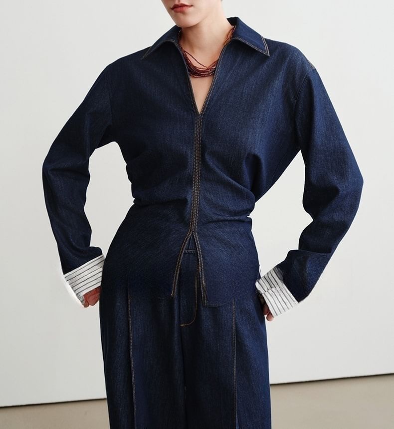 Long-Sleeve Denim Shirt / High Rise Wide Leg Jeans