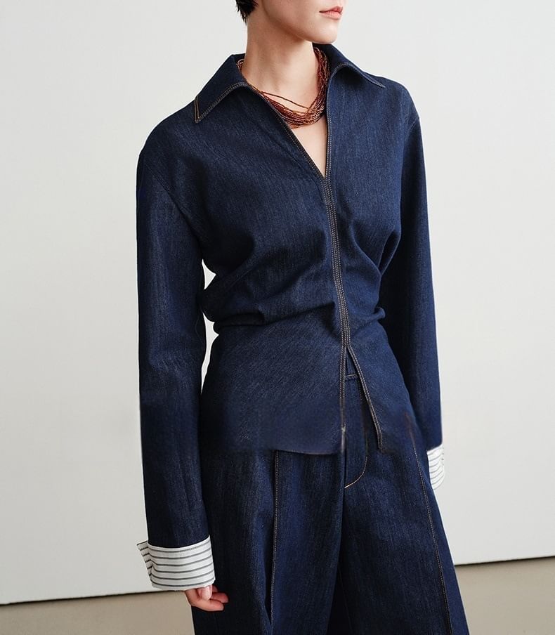 Long-Sleeve Denim Shirt / High Rise Wide Leg Jeans