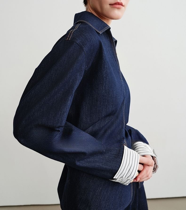 Long-Sleeve Denim Shirt / High Rise Wide Leg Jeans