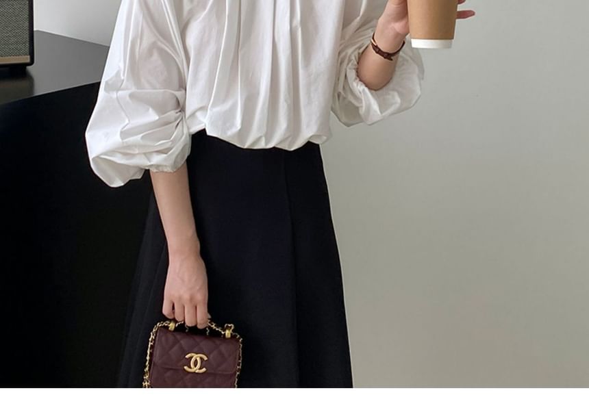 Puff-Sleeve V-Back Plain Crop Blouse