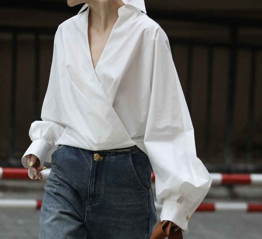 Puff-Sleeve V-Neck Plain Blouse