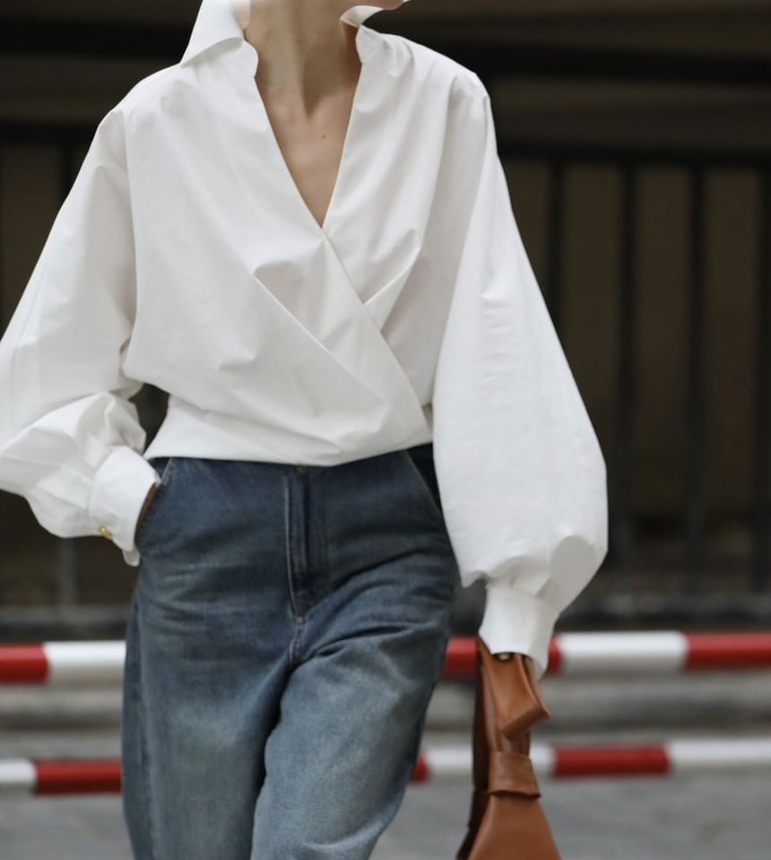 Puff-Sleeve V-Neck Plain Blouse