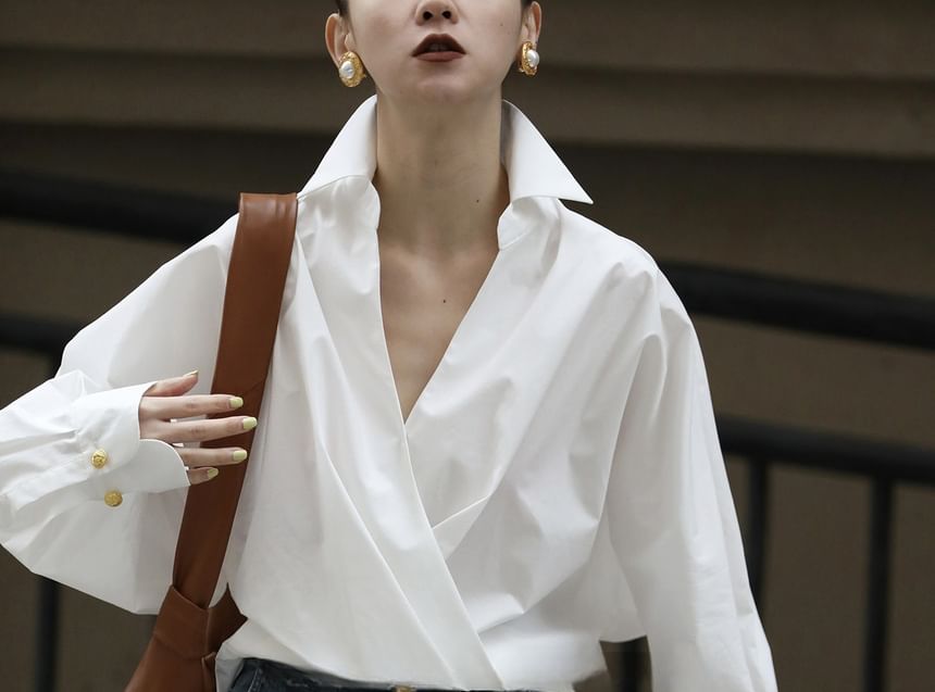 Puff-Sleeve V-Neck Plain Blouse