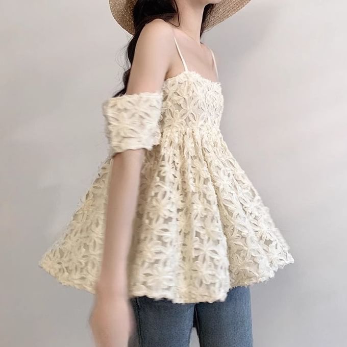 Short-Sleeve cold Shoulder Floral Pattern Blouse